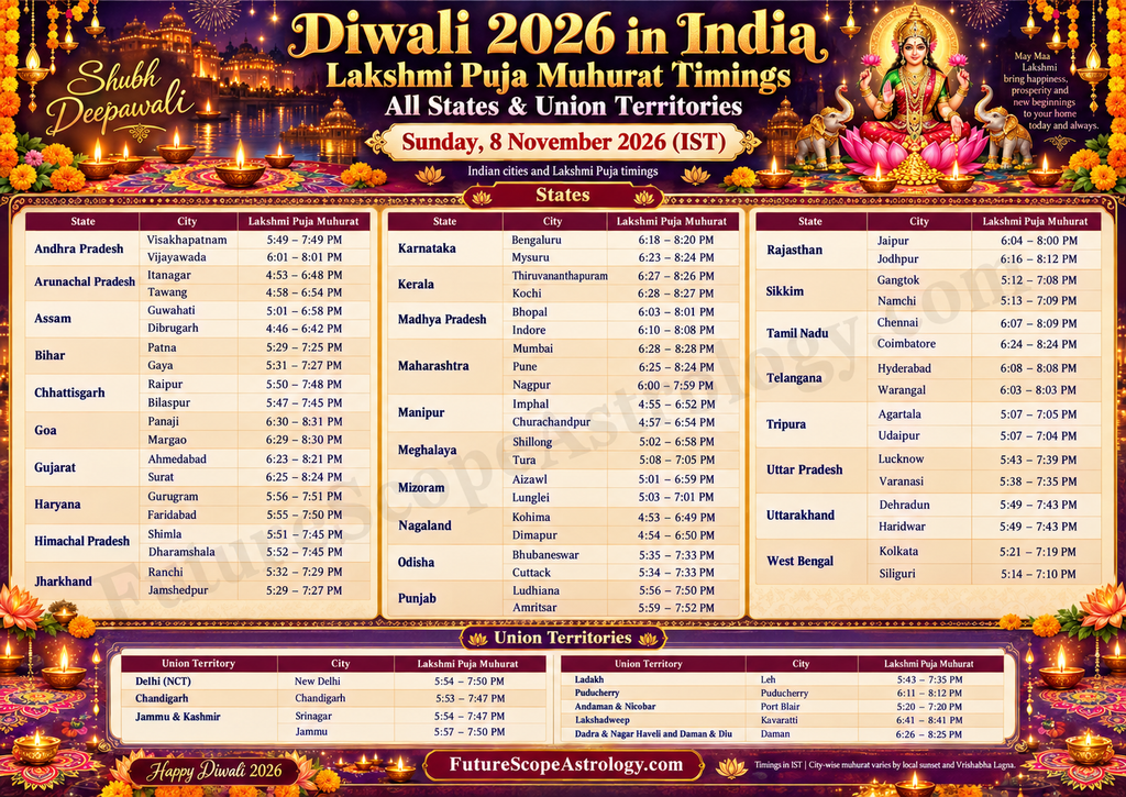 Diwali 2026 in India: Lakshmi Puja Timings for All 28 States & 8 Union Territories