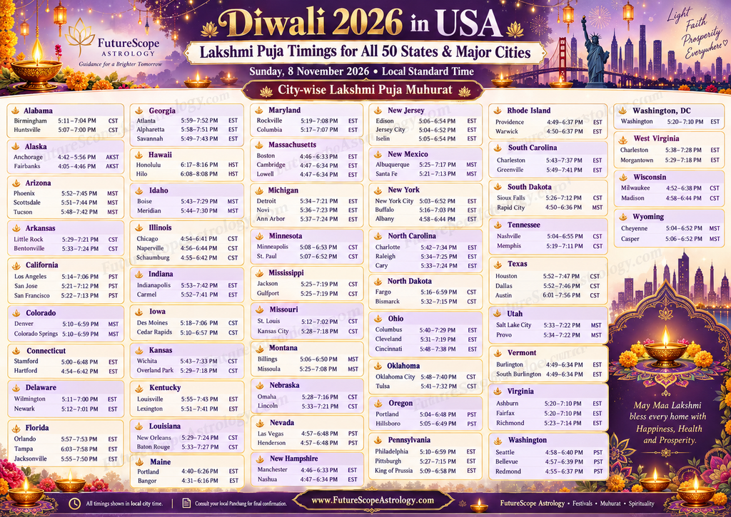 Diwali 2026 in USA: Lakshmi Puja Timings for All 50 States and Major Cities