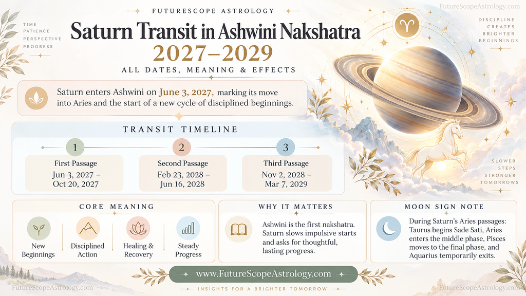 Saturn Transit in Ashwini Nakshatra 2027–2029: All Dates, Meaning & Effects
