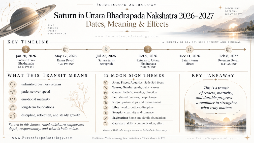 Saturn Transit in Uttara Bhadrapada Nakshatra 2026–2027: Dates, Meaning & Effects