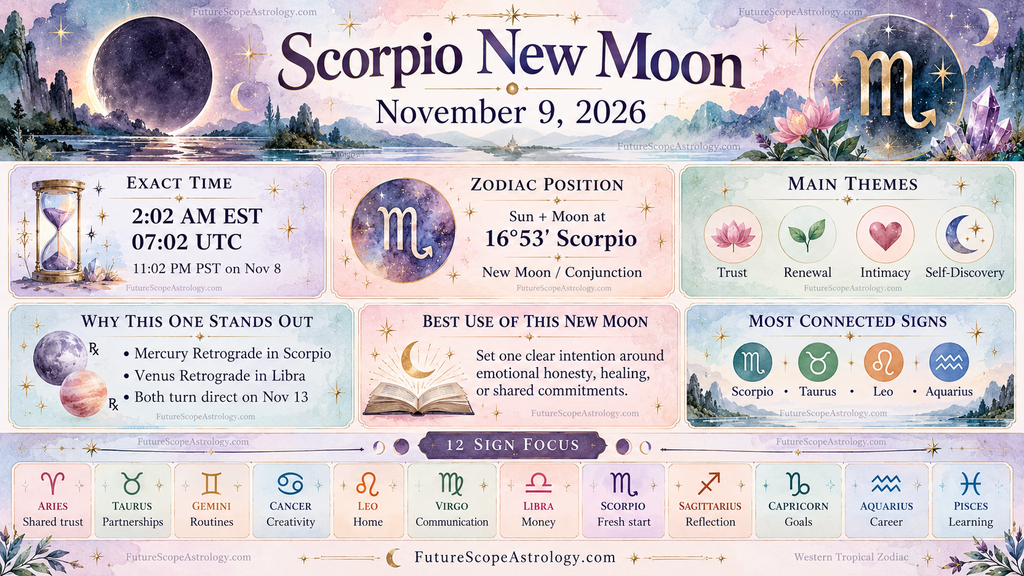 Scorpio New Moon November 9, 2026: Exact Time, Meaning & Zodiac Effects